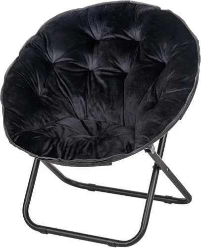 VECELO Silla platillo para adultos, silla plegable de luna con marco de metal, piel sintética para dormitorio, sala de estar, dormitorio, Negro