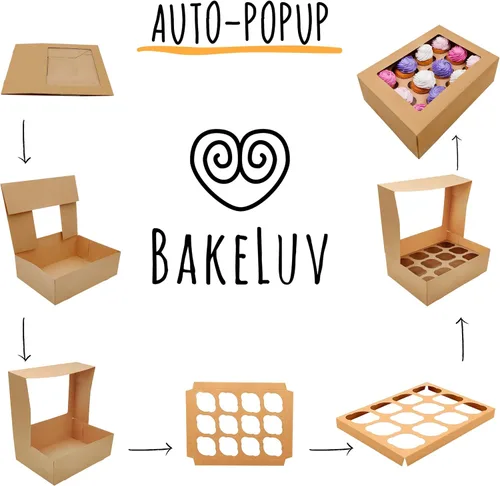 Miniatura 4 de BAKELUV 12 cajas de magdalenas marrones, recipientes para cupcakes 13x9.5x4, paquete de 50