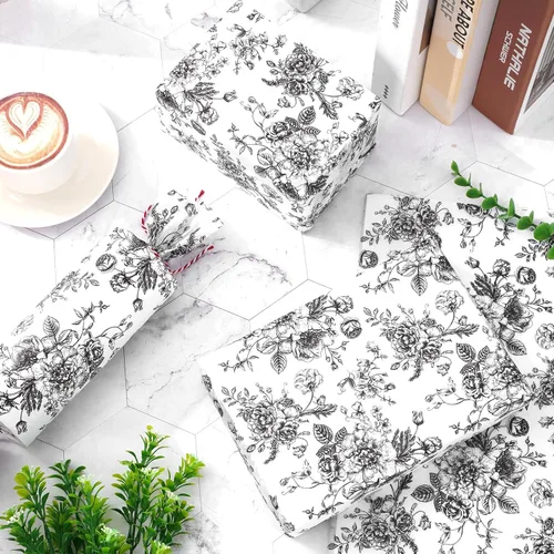 Miniatura 6 de JarThenaAMCS 100 hojas de papel de seda floral negro chinoiserie, papel de regalo de flores vintage, papel decorativo para manualidades, cumpleaños