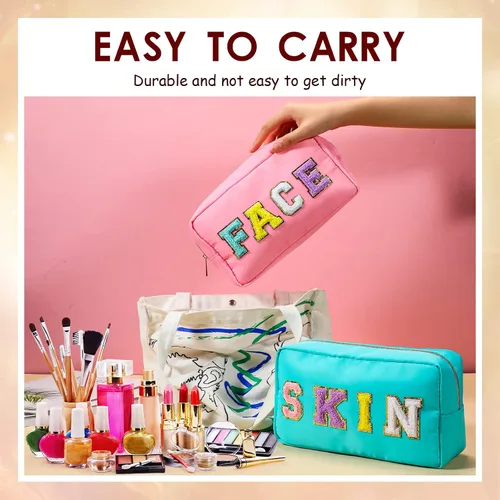 Miniatura 4 de Remerry 4 bolsas de maquillaje de viaje, bolsa de cosméticos de viaje, organización, con letras de chenilla, bolsa de artículos de tocador, regalo