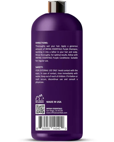Miniatura 9 de INFINA ESSENTIALS Champú morado para cabello rubio, gris, cobrizo y teñido sin sulfatos, enriquecido con té verde y manzanilla y aceite de aguacate
