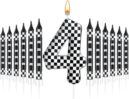 Miniatura 21 de 13 piezas de velas temáticas de coches de carreras para cumpleaños en negro y blanco con número de carrera 1 a cuadros, velas para tarta de coche