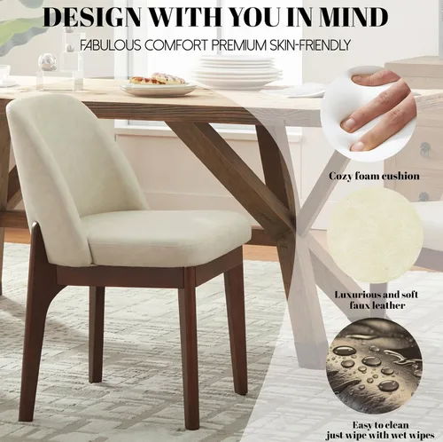 Miniatura 4 de VKNOW Juego de 2 sillas de comedor modernas, sillas de cocina de piel sintética con patas de madera, sillas laterales tapizadas para cocina, Beige