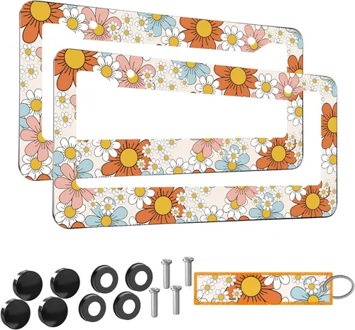 2 piezas marcos de matrícula florales coloridos de margaritas para mujeres, marcos decorativos de etiquetas de coche florales naranjas femeninos,