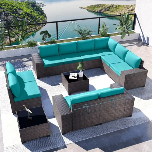 Miniatura 58 de Kullavik Juego de 13 muebles de patio al aire libre con mesa de fogata de gas propano de 43 pulgadas, 55000 BTU, mimbre de polietileno, sofá Arena
