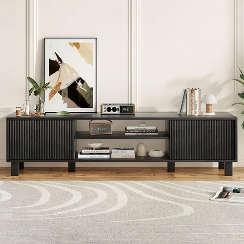 Miniatura 4 de Wood TV Stand for 65+ Inch TV, Boho Television Stand with Natural Rattan Sliding Doors & Adjustable Shelves, Entertainment Center Media Console for