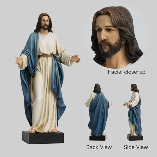 Miniatura 3 de Estatua de Jesús de 12 pulgadas con brazos abiertos, figura de Jesucristo pintada a mano en túnica azul, escultura religiosa de resina realista