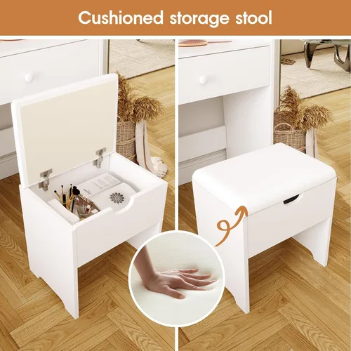 Miniatura 6 de Vabches Tocador de Maquillaje Pequeño de 24.4 pulgadas con Espejo y Luces, 3 Modos de Iluminación Ajustables, Juego de Tocador Compacto Blanco
