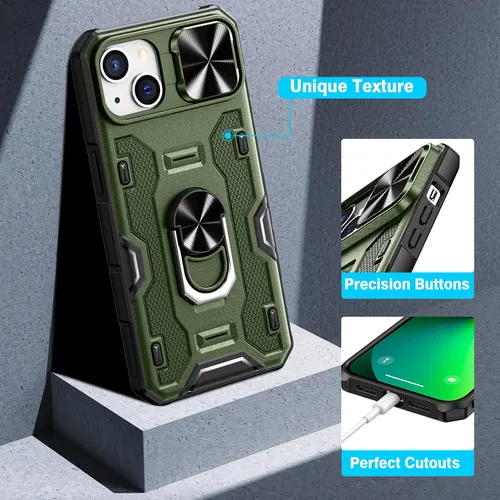 Miniatura 8 de VEGO Funda para iPhone 13 y iPhone 14 con soporte de clip para cinturón, cubierta deslizante para cámara y soporte magnético giratorio de 360°