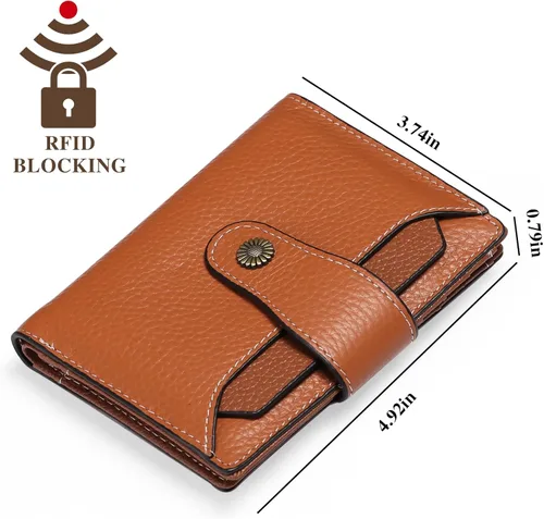 Miniatura 3 de FALAN MULE Cartera pequeña para mujer, de piel auténtica, plegable, compacta, con bloqueo RFID, pequeña cartera para mujer, ZAO-Caramelo, Compacto