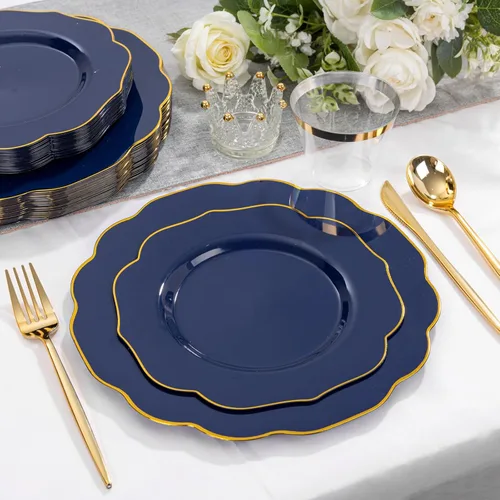Miniatura 7 de bUCLA 180 piezas platos de plástico azul - azul marino y borde dorado desechables incluye 30 de cada uno (cena y postre) platos, 30 cuchillos, 30