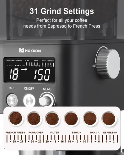 Miniatura 4 de MOKKOM Molinillo de café eléctrico con báscula de café extraíble, molinillo de granos de café cónico antiestático, 31 ajustes precisos para verter