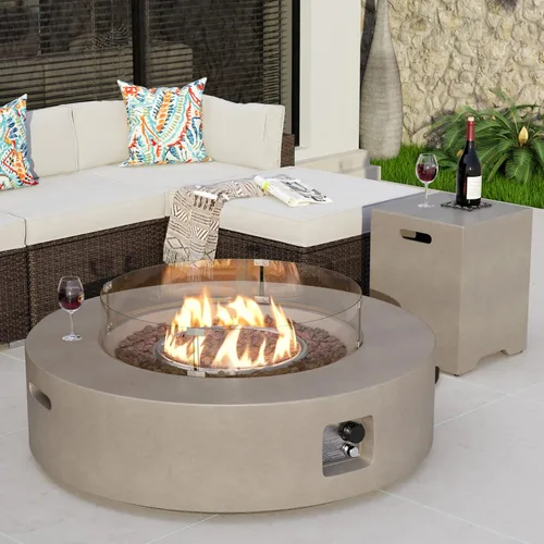 Miniatura 19 de COSIEST mesa de fogata a propano para exteriores de 35 pulgadas cuadrada de arenisca con protector contra el viento y mesa lateral, certificada