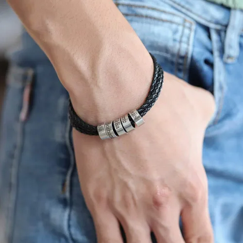 Miniatura 2 de Pulseras personalizables de cuero trenzado para hombre con 1-8 cuentas grabadas con nombre, pulsera de identificación para hombre, regalo para papá