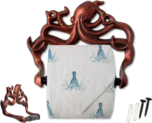 Miniatura 5 de Comfify Soporte de papel higiénico de pulpo de hierro fundido marrón óxido - Cabina náutica Rust Brown octopus; cast iron; 6.69"H x 8.07"L; holds