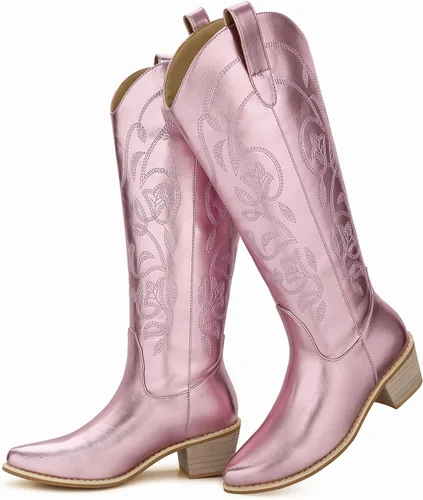 Miniatura 4 de SHIBEVER Botas vaqueras vaqueras para mujer Botas hasta la rodilla para mujer, botas occidentales bordadas con tacón grueso y ancho de pantorrilla
