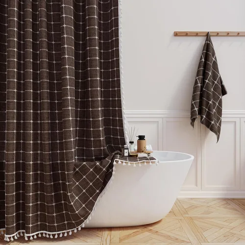 Miniatura 11 de BTTN Juego de cortinas de ducha estilo bohemio de granja con borlas, tela rústica de lino resistente, repelente al agua, cortinas de ducha gruesas A