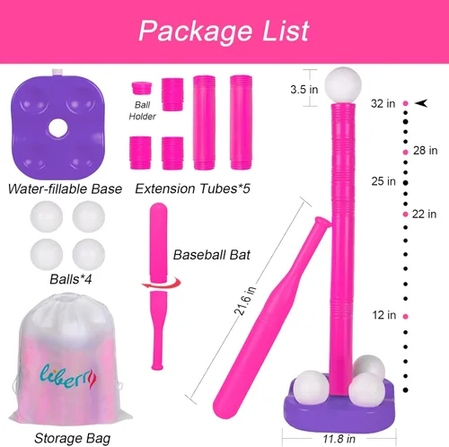 Miniatura 6 de Liberry Tball Set para niños pequeños con soporte de pelota de altura ajustable, base pesada y bate de béisbol para niños, juguetes deportivos, Rosa