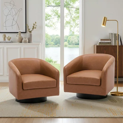 Miniatura 43 de Juego de 2 Sillas Giratorias de Acento, Silla Barril Tapizada en Tela para Sala de Estar, Cómodo Sillón Redondo Sofá Individual Asiento de Lino Beige