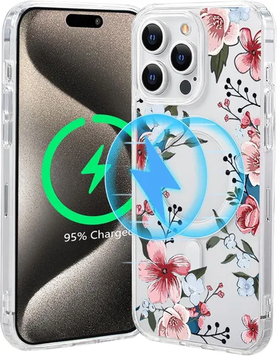 Miniatura 15 de Funda magnética de flores para iPhone 15 [compatible con MagSafe] Bonito patrón floral transparente a prueba de golpes