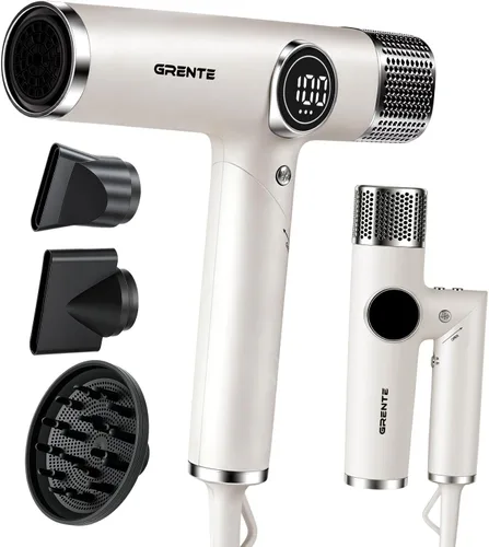Secador de pelo blanco con difusor, secador de pelo iónico profesional de alta velocidad con pantalla digital de temperatura, difusor magnético y