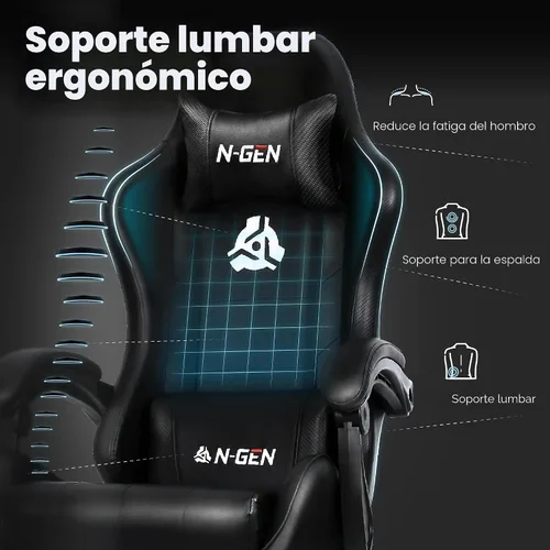Miniatura 4 de N-GEN GAMING Silla de videojuegos con reposapiés, soporte lumbar para el hogar, oficina, respaldo alto, reclinable, altura ajustable, ergonómica