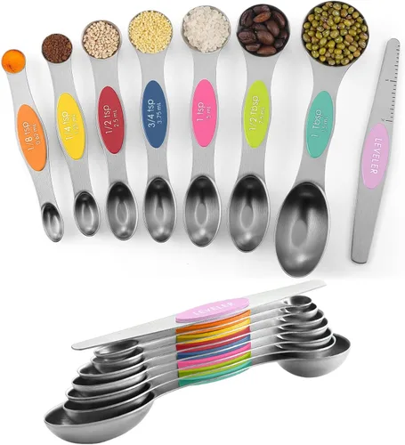 Miniatura 9 de ChefAide Paquete de 8 Cucharas Medidoras Magnéticas de Acero Inoxidable, de Doble Cara, Apilables, Cucharadita y Cucharada Medidoras Ajustables