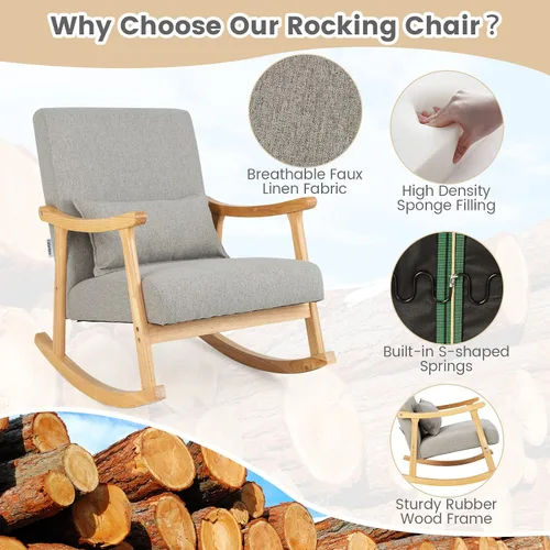 Miniatura 6 de Giantex Mecedora tapizada – Moderna mecedora con marco de madera de goma, cómodo respaldo y asiento, almohada acolchada de polipropileno, mecedora
