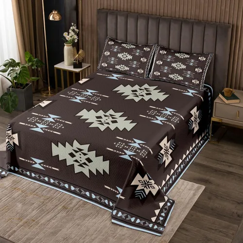 Miniatura 29 de Erosebridal Juego de colcha étnica tribal con flechas geométricas aztecas, acolchado occidental, tribu africana, exótico, atrapasueños, plumas