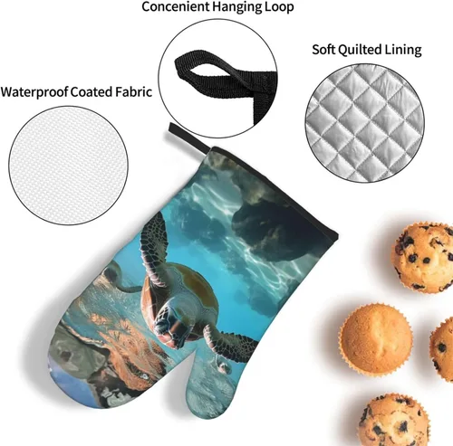 Miniatura 3 de Juego de manoplas de horno y soportes para ollas con estampado de tortugas marinas, resistentes al calor, antideslizantes, guantes de cocina, 3