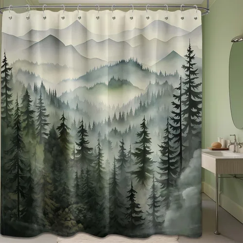 Miniatura 43 de Cortina de ducha azul marino de bosque Cortina de ducha azul oscuro de montaña y naturaleza para decoración de baño de hombres, tela impermeable