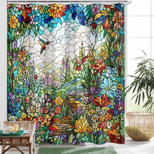 Miniatura 11 de Neasow Cortina de ducha sin gancho con forro a presión, cortinas de tela floral bohemia con forro interior impermeable con imanes ponderados