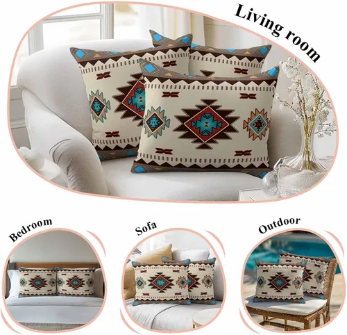 Miniatura 7 de Paquete de 2 fundas de almohada decorativas de algodón, nativos americanos en los Estados Unidos, estilo indio, geométrico, 18 x 18 pulgadas