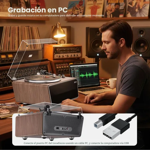 Miniatura 5 de Tocadiscos de vinilo todo en uno, tocadiscos Bluetooth integrado con 4 altavoces estéreo, preamplificador de teléfono, tocadiscos de alta fidelidad