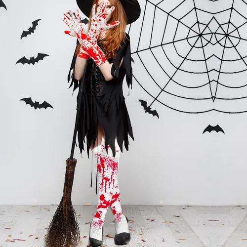 Miniatura 6 de Famiredo Calcetines altos y guantes para disfraz de Halloween, 1 par de guantes manchados de sangre y 1 par de calcetines manchados de sangre
