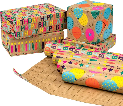 Miniatura 12 de RUSPEPA Rollos de papel kraft para envolver regalos - Diseño de arcoíris de cumpleaños colorido, total de 4 rollos (30 pulgadas x 10 pies, 4 rollos)