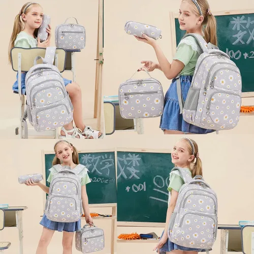 Miniatura 7 de YJMKOI Mochila con estampado de margaritas para niñas de secundaria y primaria, juego de mochila con lonchera (negro)