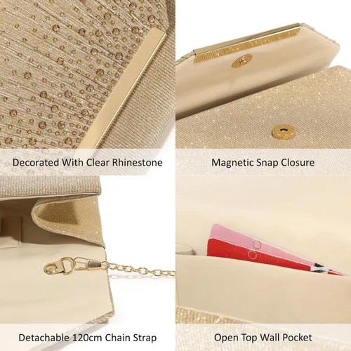 Miniatura 7 de DETARA Bolsos de noche para mujer, con lentejuelas con purpurina, monederos de mano para mujer, de cristal brillante, falp, formal, boda, fiesta
