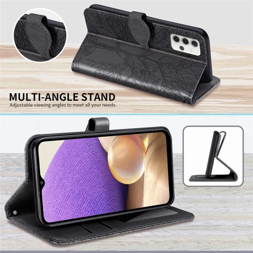 Miniatura 3 de Funda tipo cartera para Samsung Galaxy A32 5G, piel sintética de alta calidad con diseño de árbol en relieve, función atril, ranuras para tarjetas