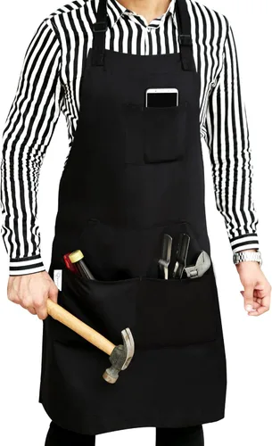 Miniatura 13 de RUVANTI Delantales de trabajo para hombres y mujeres con bolsillos, ajustables hasta XXL, durabilidad de grado profesional, delantal negro