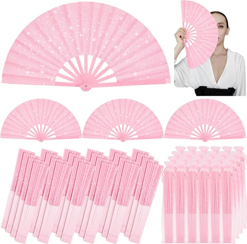 Vercraft 24 abanicos de mano plegables grandes con purpurina para baile de línea, fanáticos de baile con bolsa, aplaudiendo, raves, fanáticos a Rosa