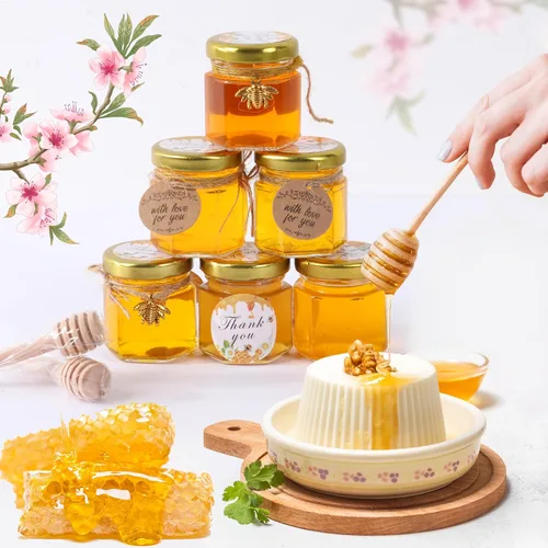 Miniatura 4 de Mini tarros de miel de 1.5 onzas – Paquete de 60 tarros hexagonales de vidrio con varitas de miel de madera, tapas doradas, colgantes de abeja