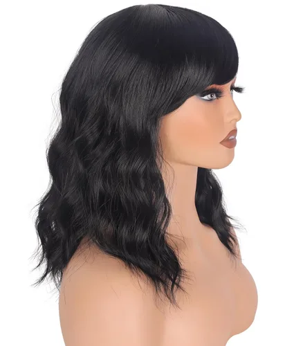 Miniatura 6 de Pelucas Bob Onduladas Negras Naturales a la Altura del Hombro Para Mujeres Pelucas Cortas Onduladas Con Flequillo Pelucas Sintéticas Onduladas