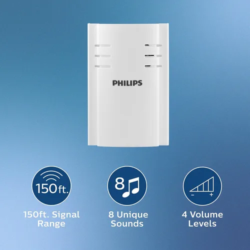 Miniatura 2 de Kit de timbre inalámbrico Philips, receptor enchufable, 2 pulsadores, 8 melodías, 4 niveles de volumen, rango de 150 pies, color blanco, DES2280W/27