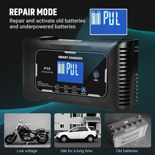Miniatura 6 de Cargador de batería de automóvil, 12V/24V 15 Amp Cargador de batería para plomo-ácido (AGM/Gel/SLA/EFB) y LiFePO4, cargador inteligente automático