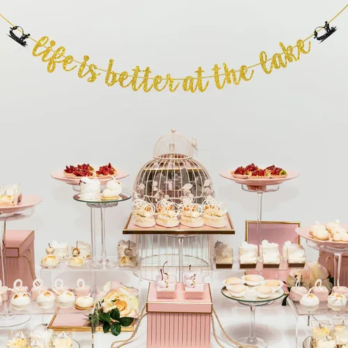 Miniatura 6 de Cartel dorado con purpurina «Life is Better at the Lake», decoración de fiesta de cumpleaños o jubilación con temática de pesca, decoración