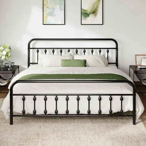 Allewie Estructura de Cama de Plataforma de Metal Tamaño King de 14 Pulgadas con Cabecero/Pie de Cama de Hierro Forjado Estilo Victoriano, Base de