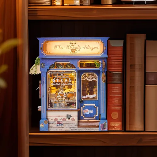 Miniatura 4 de Kit de rincón de libros, casa de té británica en miniatura, rompecabezas de madera 3D con luces LED, soporte para libros pequeño y decoración
