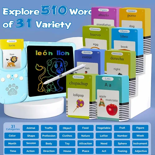 Miniatura 4 de Tarjetas flash hablantes en inglés y español, tableta de escritura LCD de 8 pulgadas para niños de 3 a 12 años, 510 palabras visuales bilingües