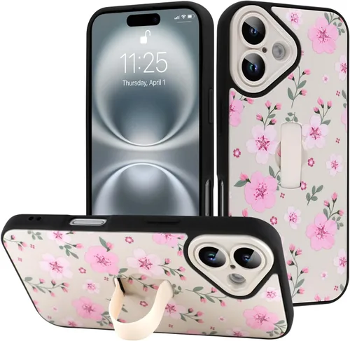 Miniatura 82 de Funda diseñada para iPhone 17 Pro Max con soporte plegable y correa para dedos, bonito patrón de lazo de corazón de flor rosa para mujeres y niñas